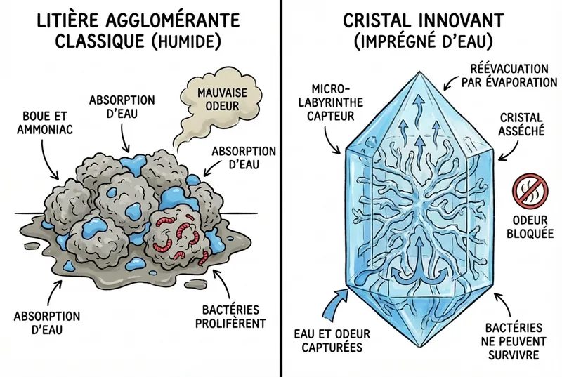 Litière classique vs cristal Pacha — mécanisme d'adsorption