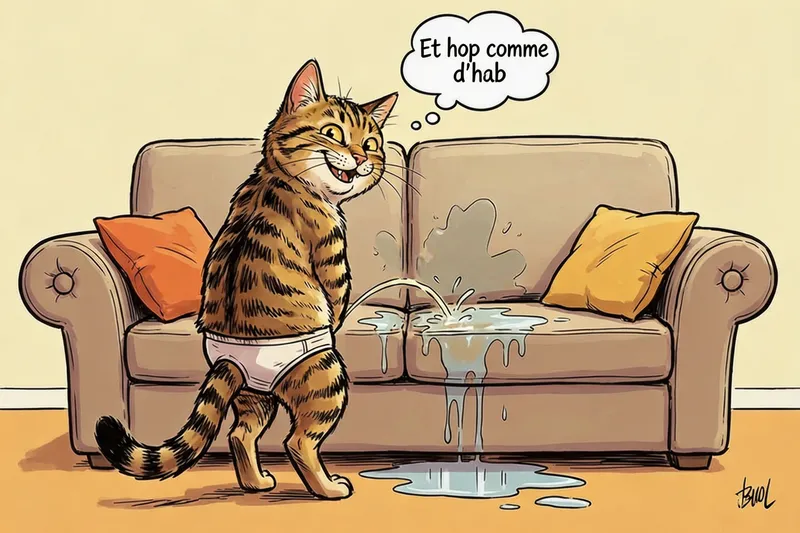 Chat qui fait pipi sur le canapé — et hop comme d'hab