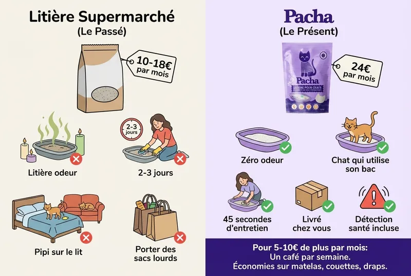 Comparaison prix — Litière supermarché vs Pacha